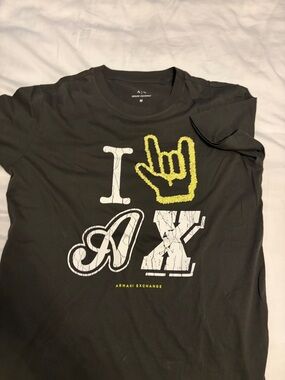 Armani Exchange Black Tee with White AX Logo and Yellow Hand
